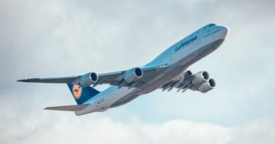 a large jetliner flying through a cloudy sky