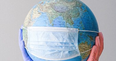 hands with latex gloves holding a globe with a face mask